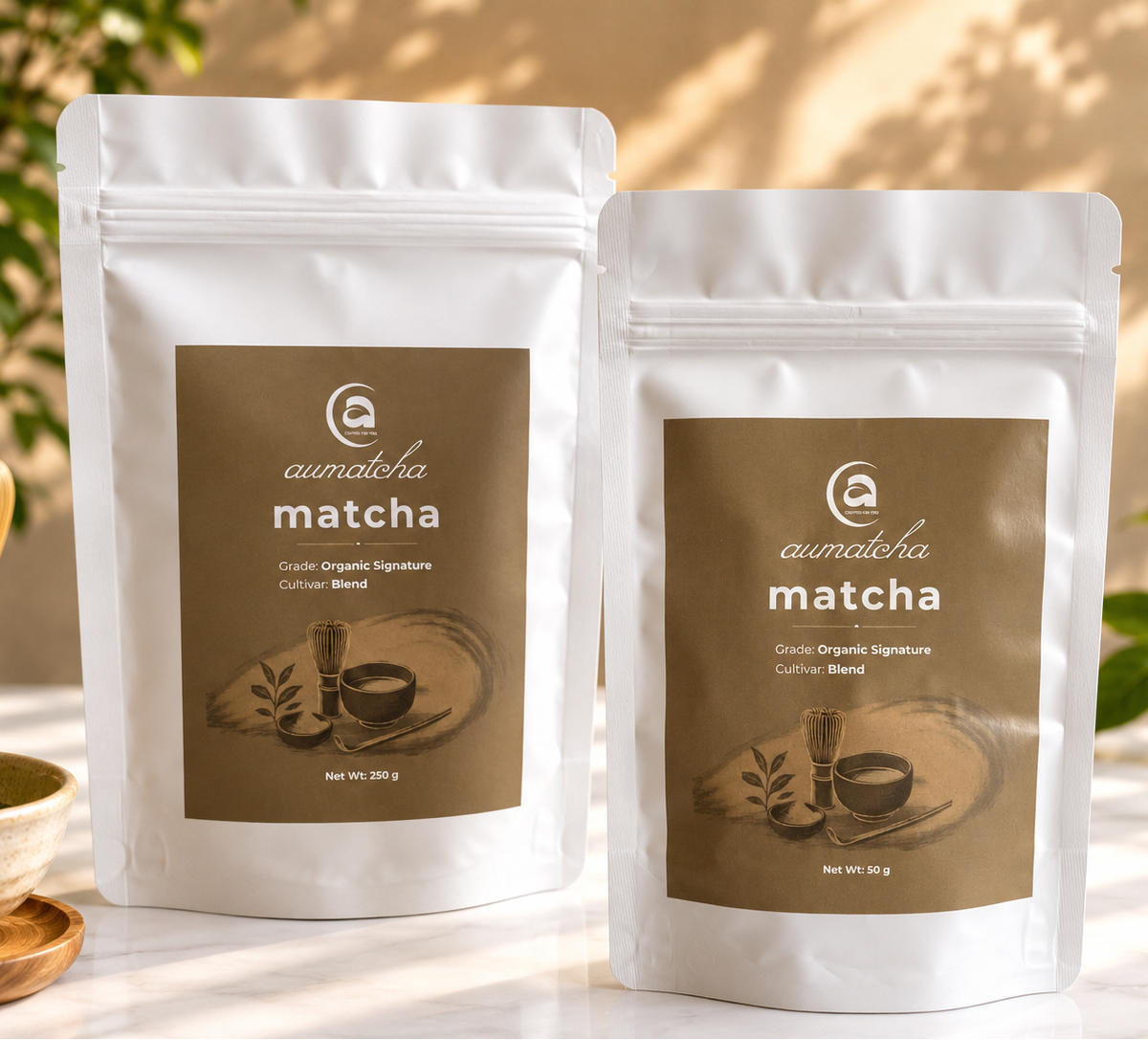 Two packages of aumaloha matcha on a light background with greenery.