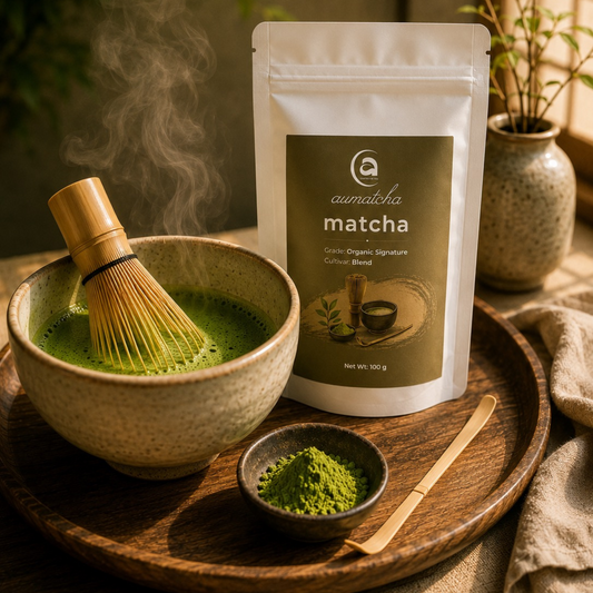 Matcha green tea set with a bowl, whisk, and package on a wooden tray.