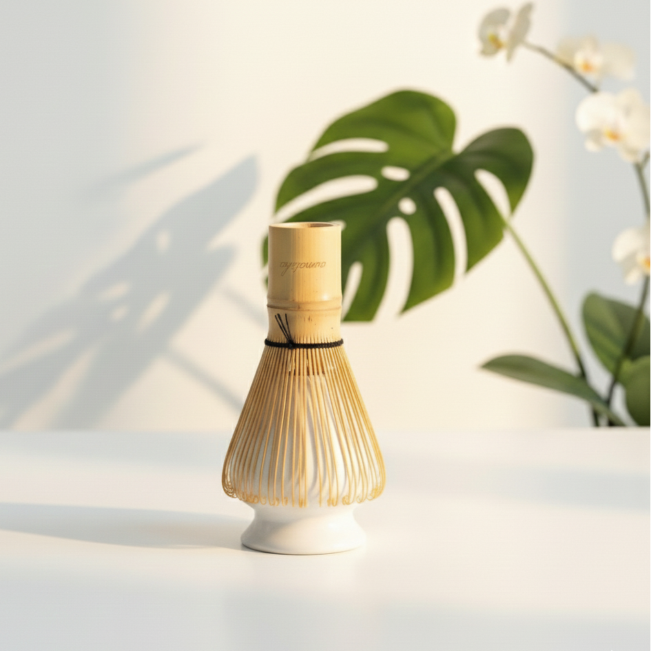 Bamboo matcha whisk holder on a white surface with a plant in the background