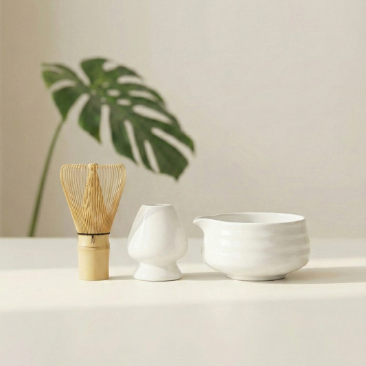 Tea-making set with a whisk and white ceramic bowl and whisk holder on a light surface, with a plant in the background.