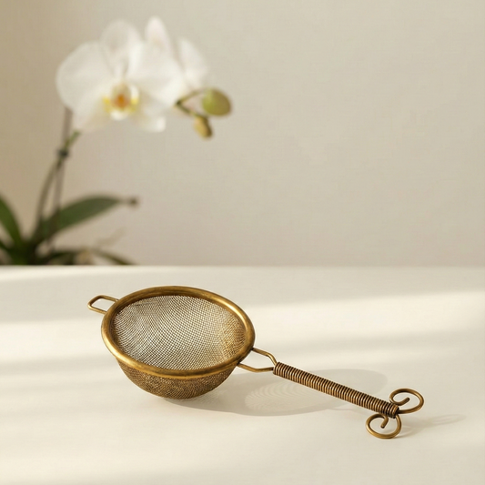 Antique gold tea strainer on a white surface with a blurred orchid in the background