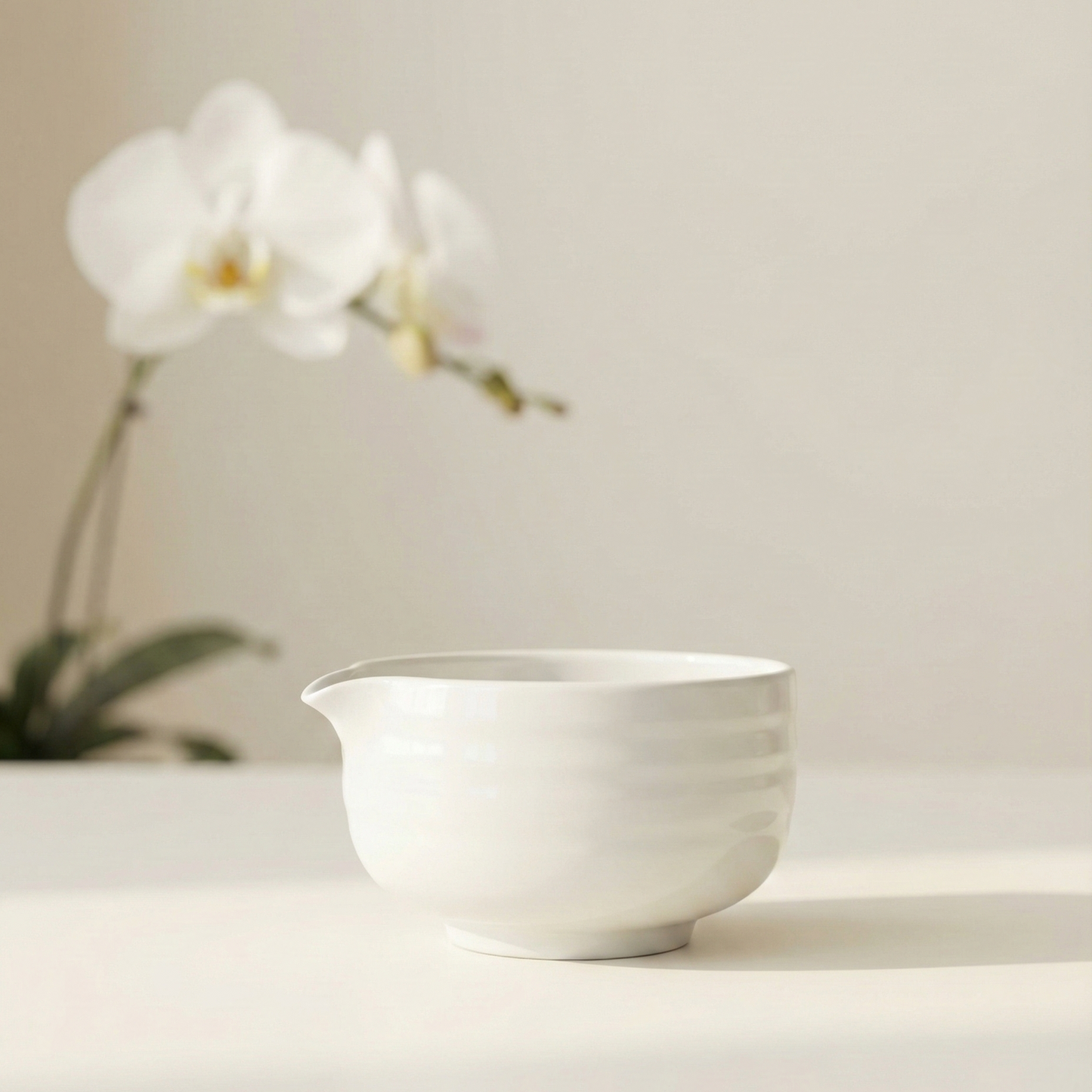 White ceramic bowl on a light surface with a white orchid in the background
