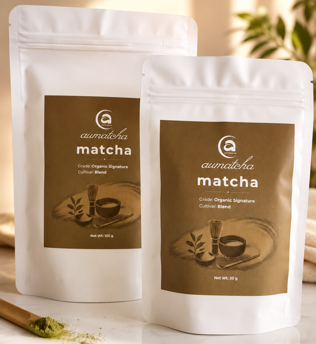 Two packages of au naturel matcha coffee on a light background