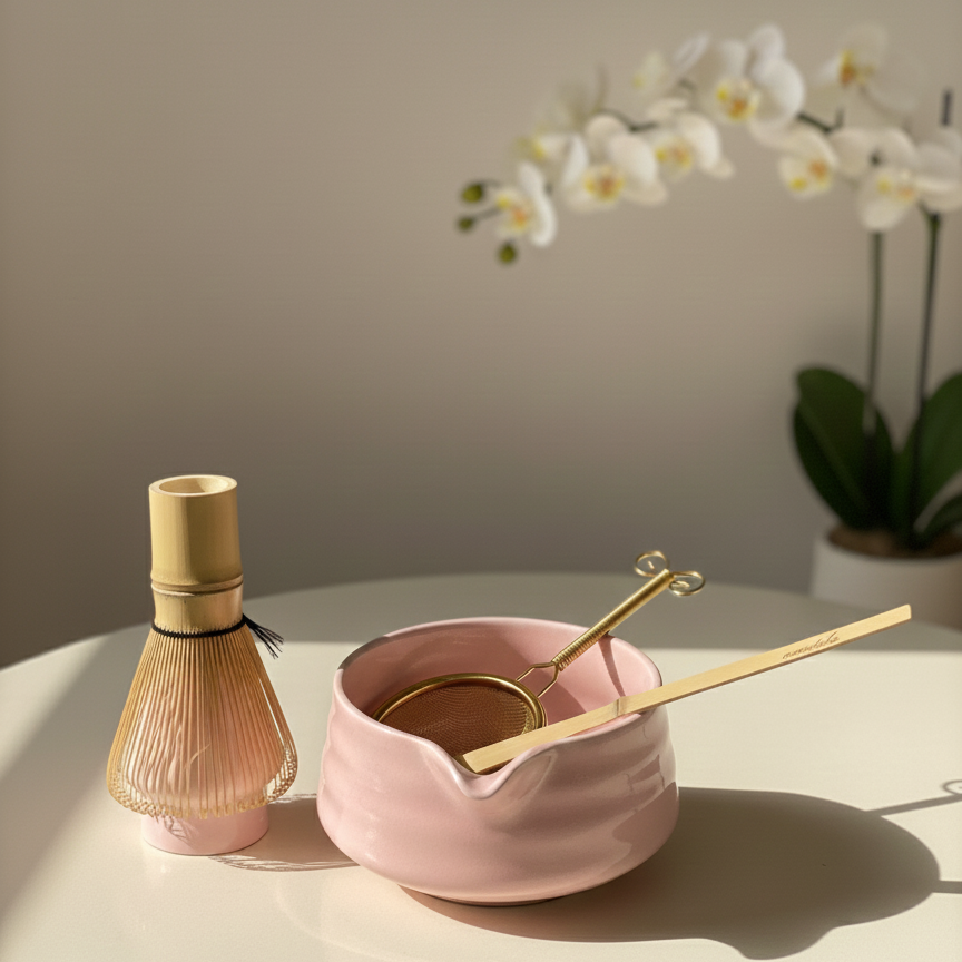 Pink ceramic tea set with a bamboo whisk on a light surface, with a blurred background of white flowers and green leaves.