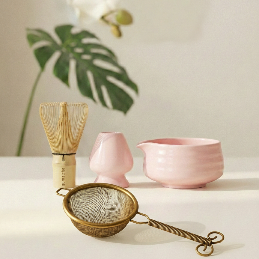 Match tea-making tools including a whisk, strainer, and two pink containers on a light surface with a blurred plant in the background.