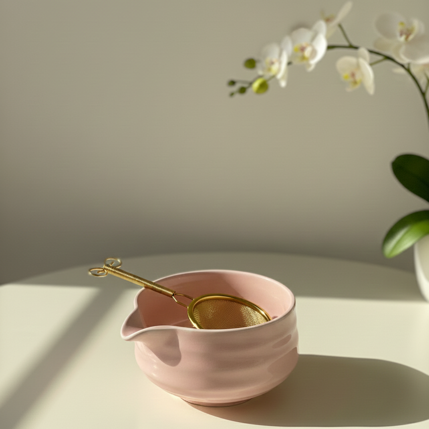 Pink ceramic bowl with gold spoon on a light surface with a white background