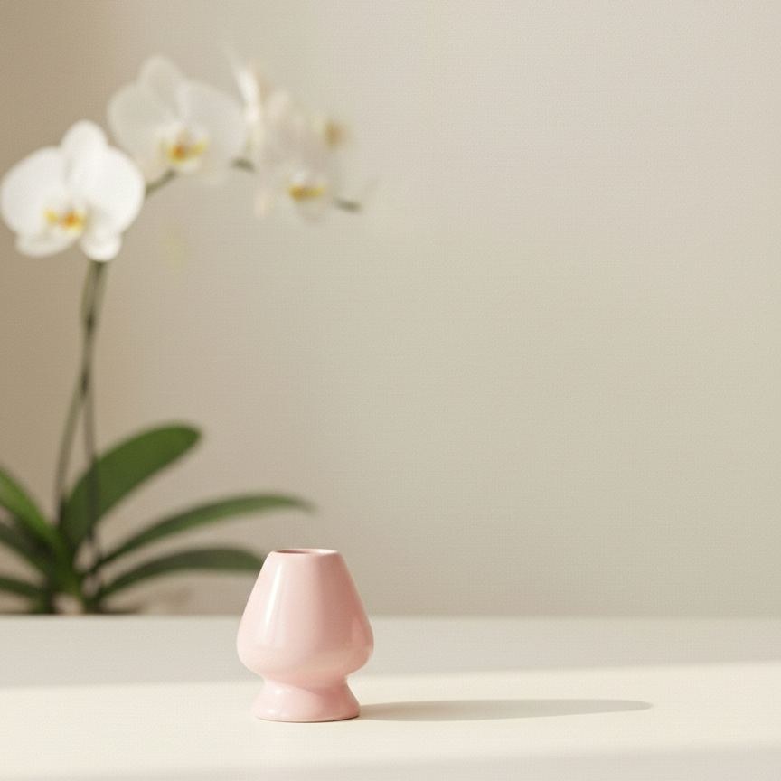 Pink whisk holder on a white surface with a blurred background featuring an orchid.
