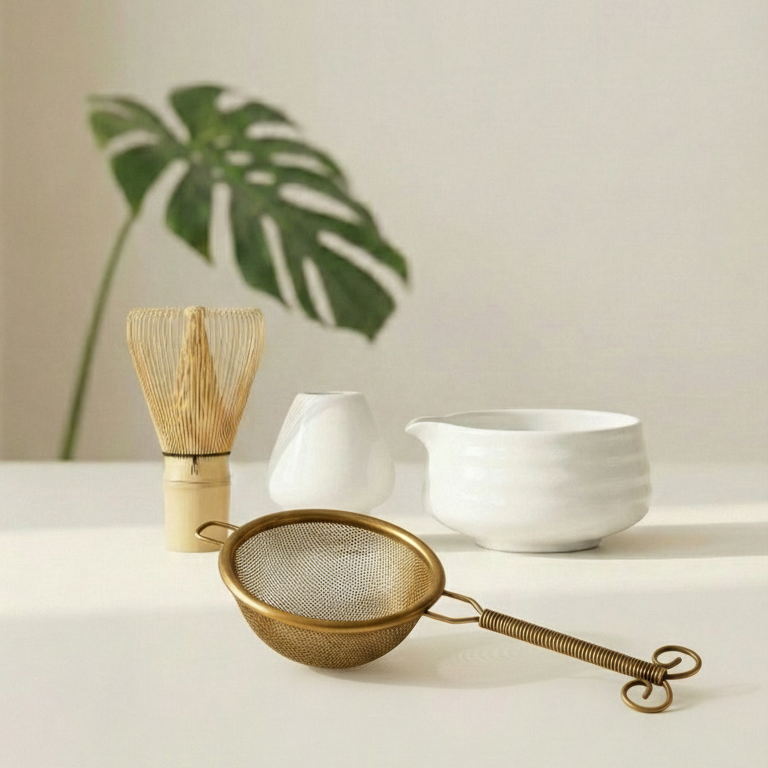 Matcha tea-making tools including a wooden whisk, white bowl, and metal sieve on a light surface with a plant in the background.