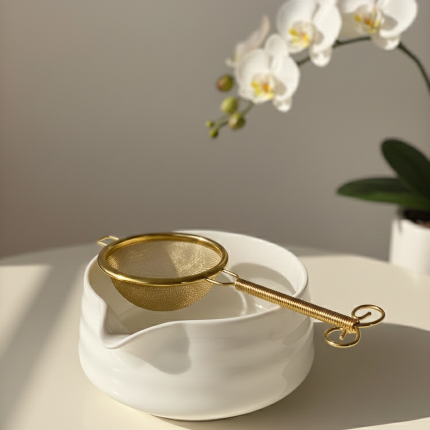 White ceramic teapot with gold strainer and white orchid on a light surface