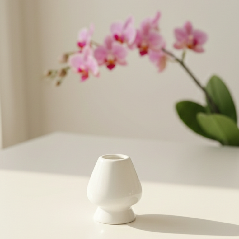 White whisk holder on a light surface with pink flowers in the background