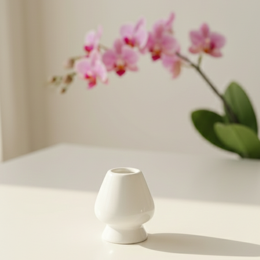 White whisk holder on a light surface with pink flowers in the background